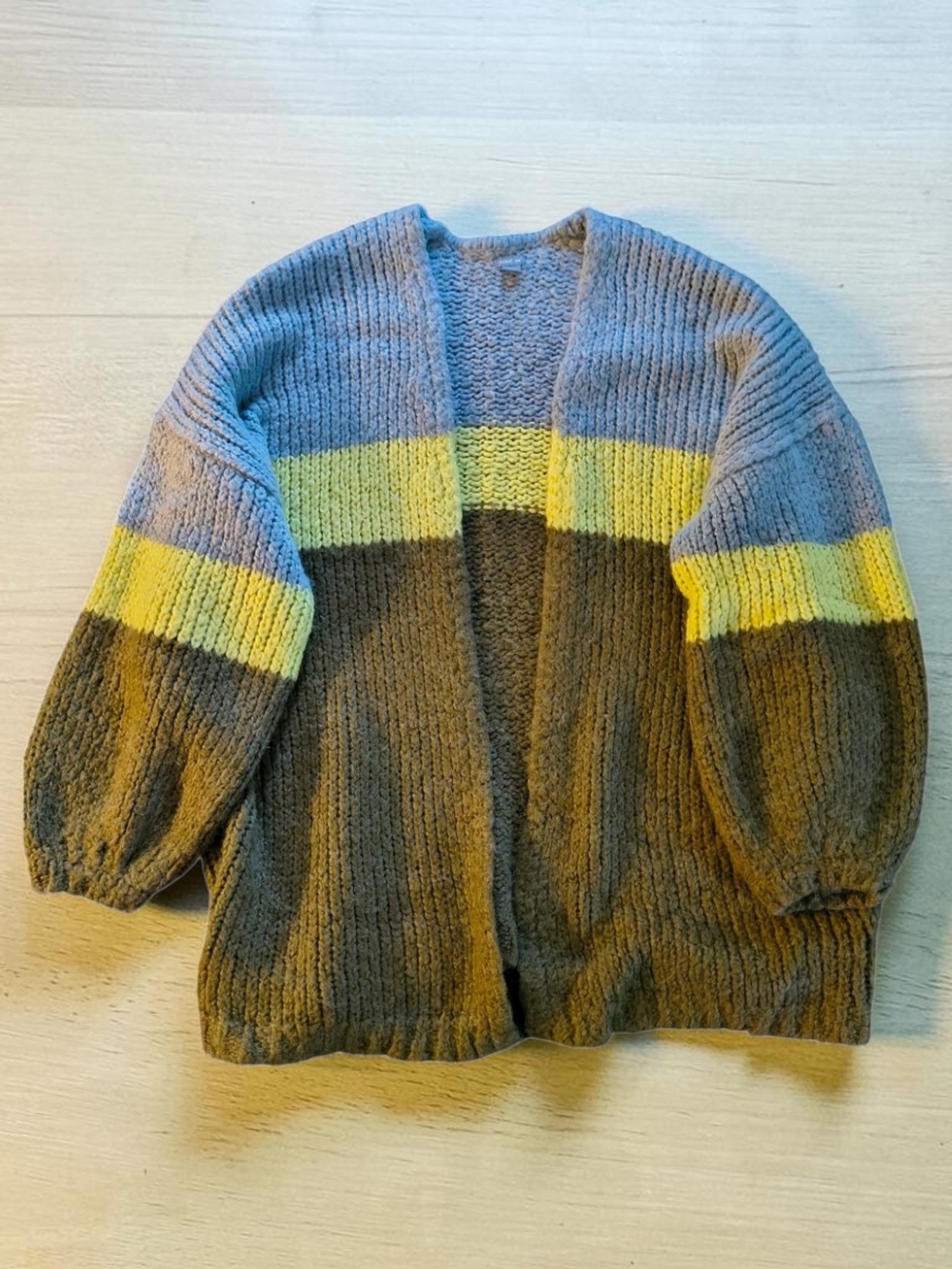 Women's Aerie Colorblock Open-Front Knit Sweater Cardigan - Gray/Neon Green/Moss